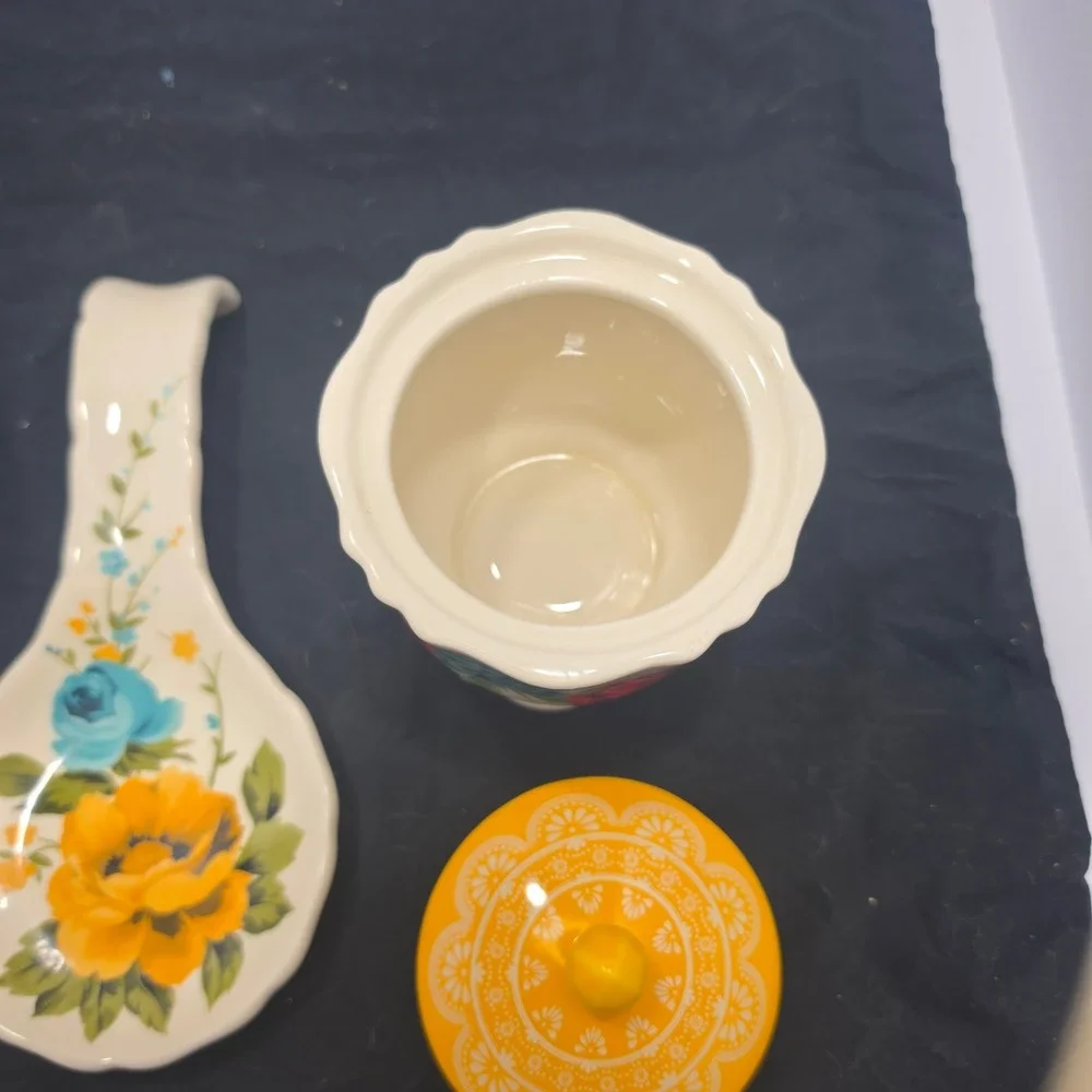 Pioneer Woman 3pc Kitchen Set Sugar Bowl Spoon Rest Glass Floral Bowl Multicolor